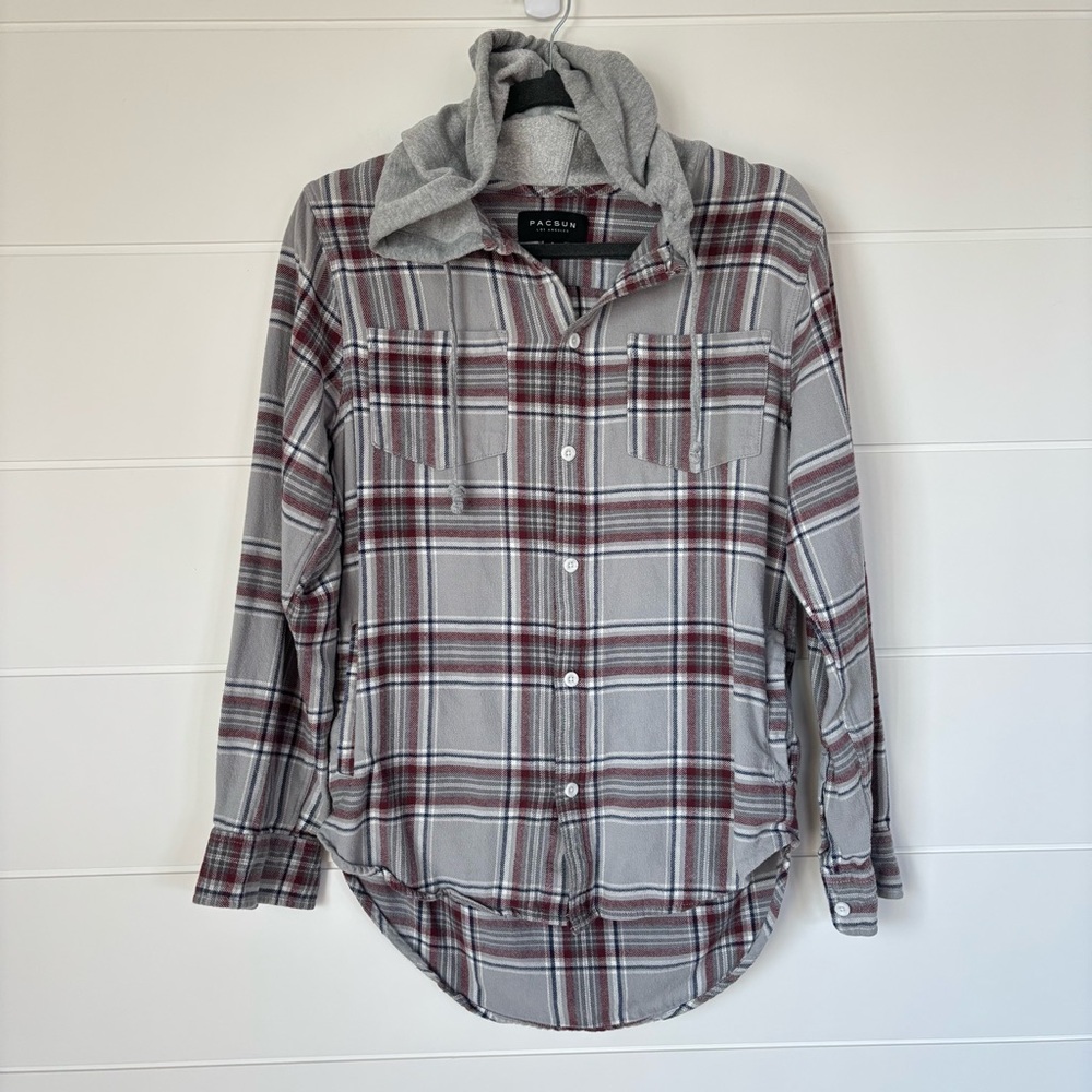 PacSun Men's Plaid Flannel Button Down Hoodie Gray Shirt Size Small